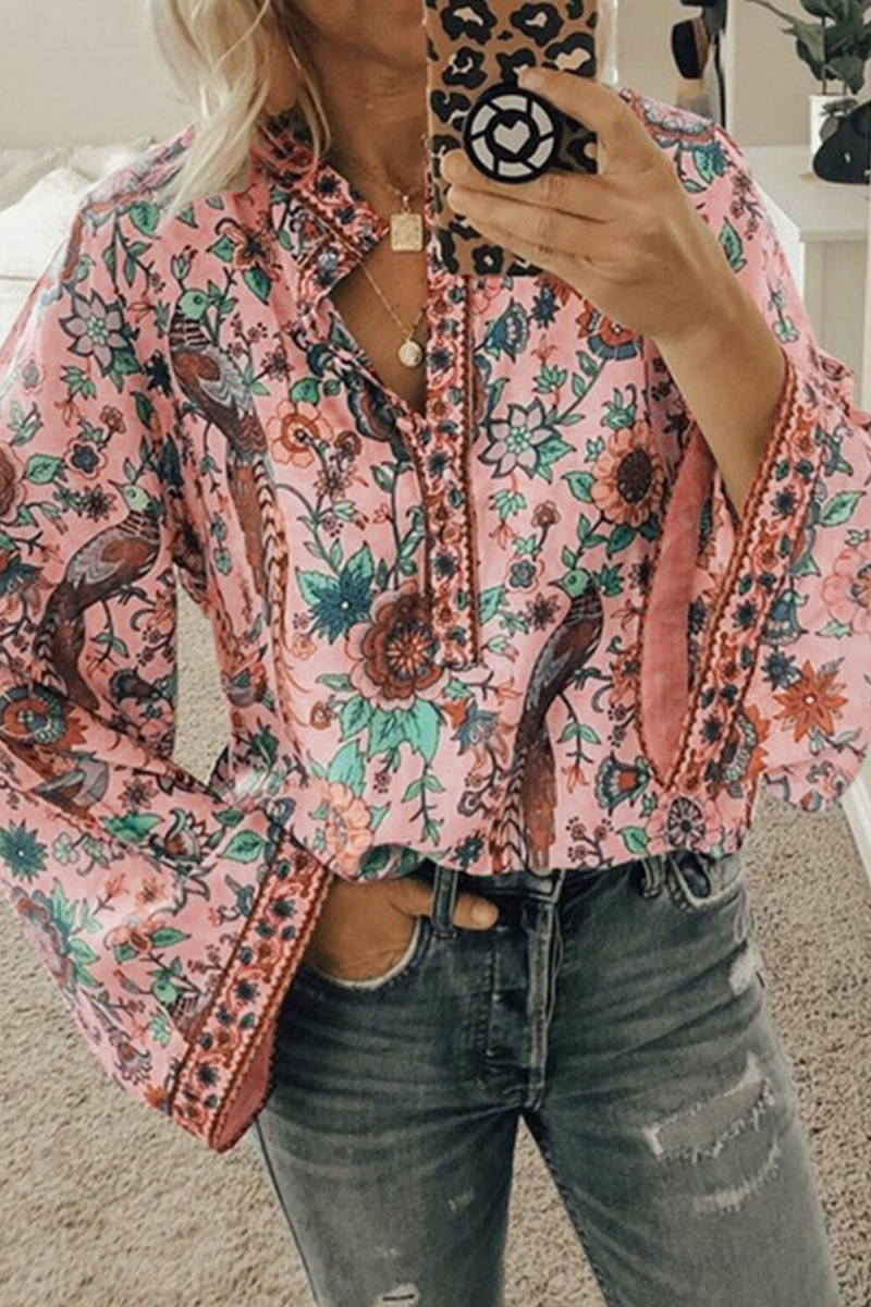 Street Print Patchwork Buttons Mandarin Collar Blouses - A Must-Have Addition