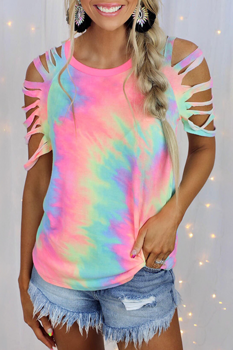 Casual & Stylish Tie Dye Hollowed Out Patchwork O Neck T-shirts