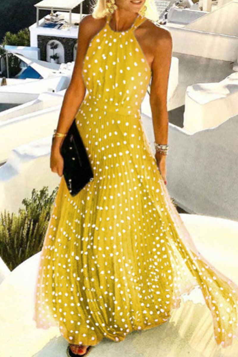 Dazzle in Printed Halter Pleated Dresses with Patchwork (Available in 7 Colors)