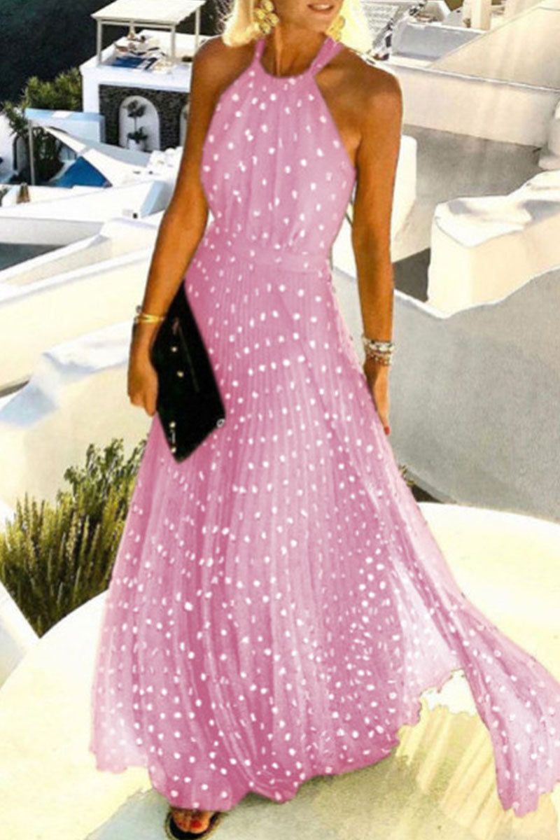 Dazzle in Printed Halter Pleated Dresses with Patchwork (Available in 7 Colors)