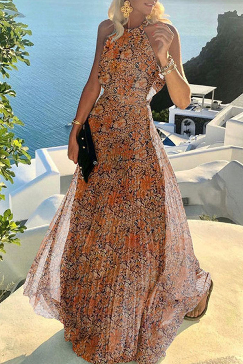 Dazzle in Printed Halter Pleated Dresses with Patchwork (Available in 7 Colors)