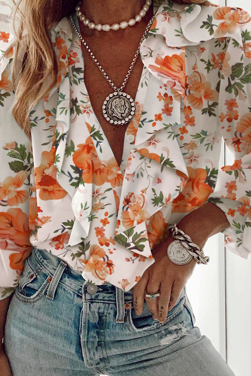 Elegant & Stylish Print Floral Butterfly Print Patchwork Flounce V Neck Tops(6 Colors)