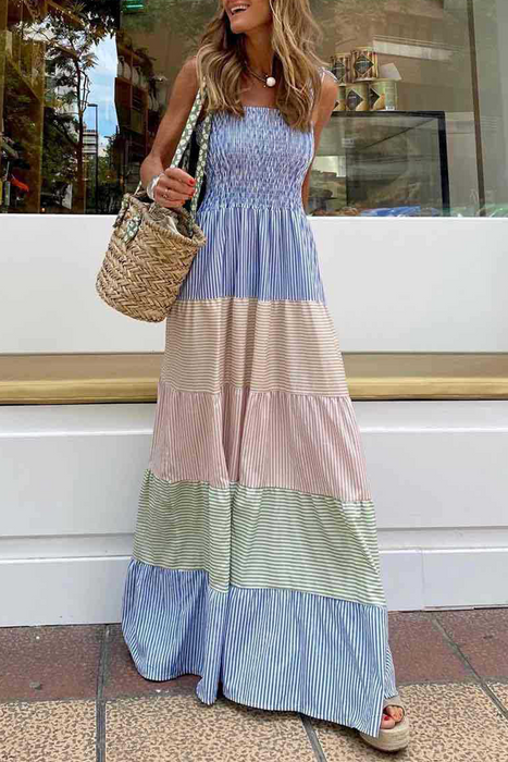 Casual en stijlvolle gestreepte patchwork contrasterende spaghettibandjes A-lijn jurken