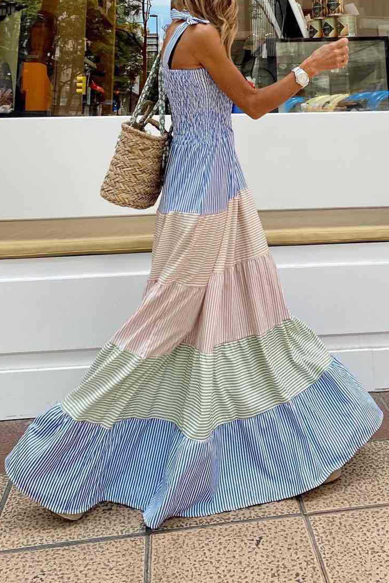 Casual en stijlvolle gestreepte patchwork contrasterende spaghettibandjes A-lijn jurken