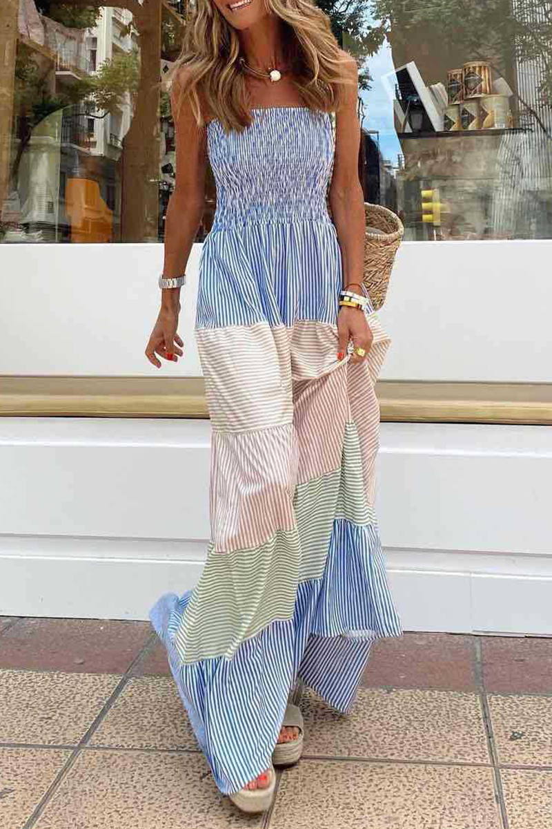 Casual en stijlvolle gestreepte patchwork contrasterende spaghettibandjes A-lijn jurken