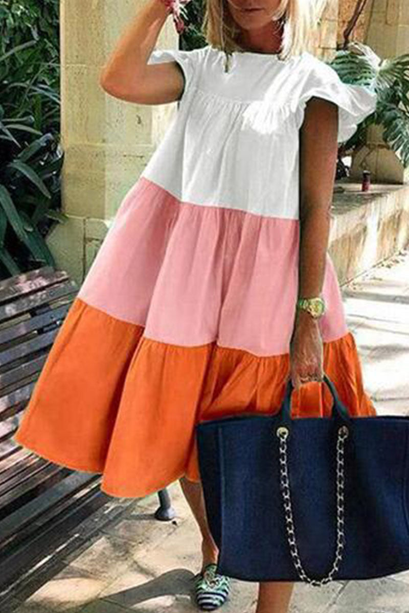 Fashion Street Classic Solid Split Joint O Neck Lantern Dresses