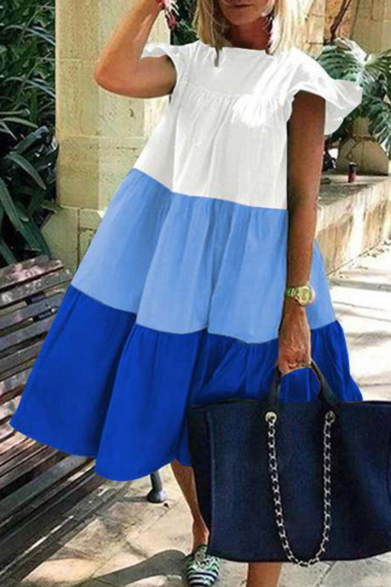 Fashion Street Classic Solid Split Joint O Neck Lantern Dresses