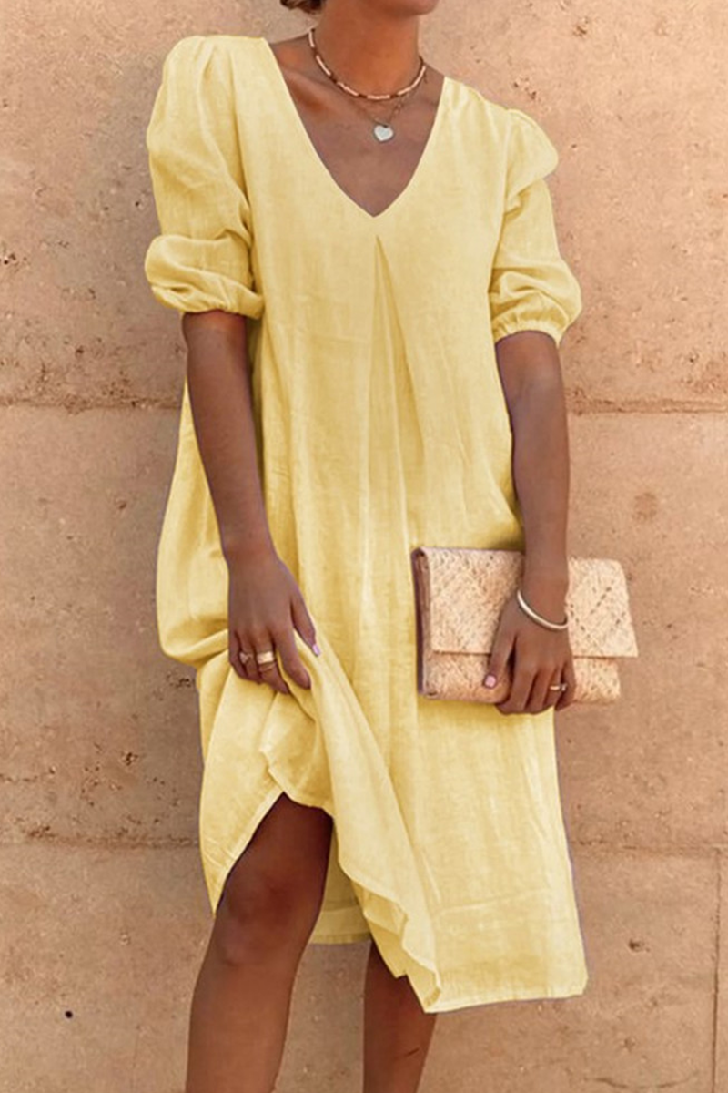 Casual & Stylish Classic Solid Split Joint Fold V Neck A Line Dresses