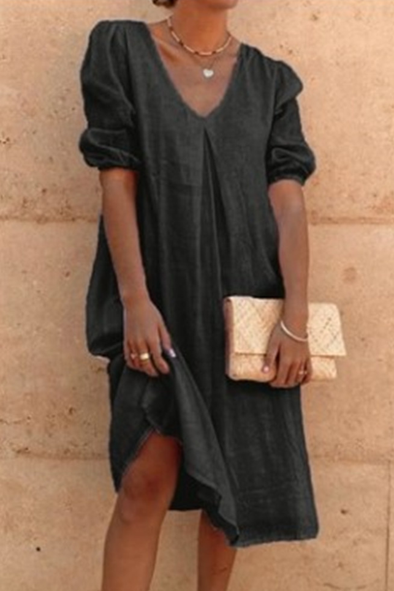 Casual & Stylish Classic Solid Split Joint Fold V Neck A Line Dresses