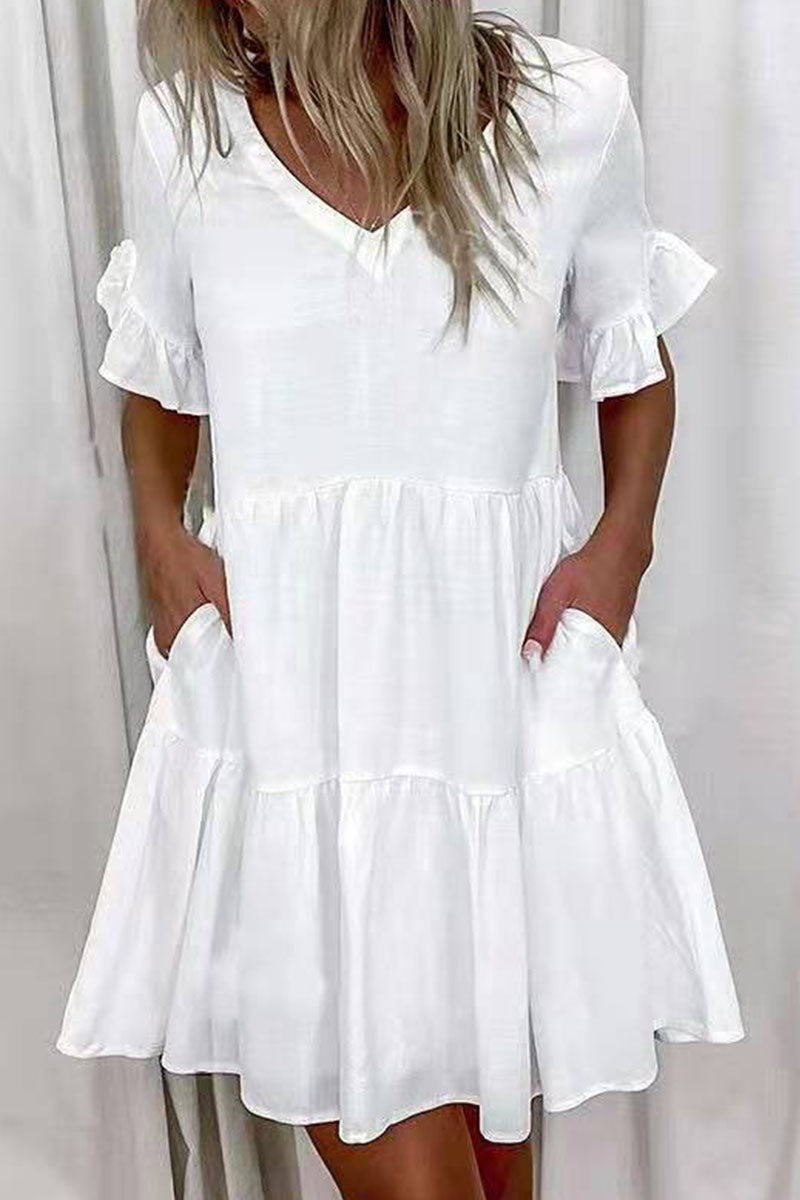 Casual en stijlvolle klassieke effen V-hals A-lijn mini-jurken (4 kleuren)