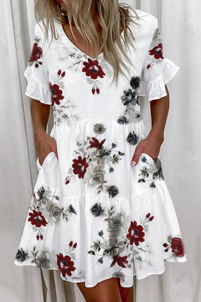 Casual en stijlvolle print V-hals A-lijn mini-jurken (7 kleuren)