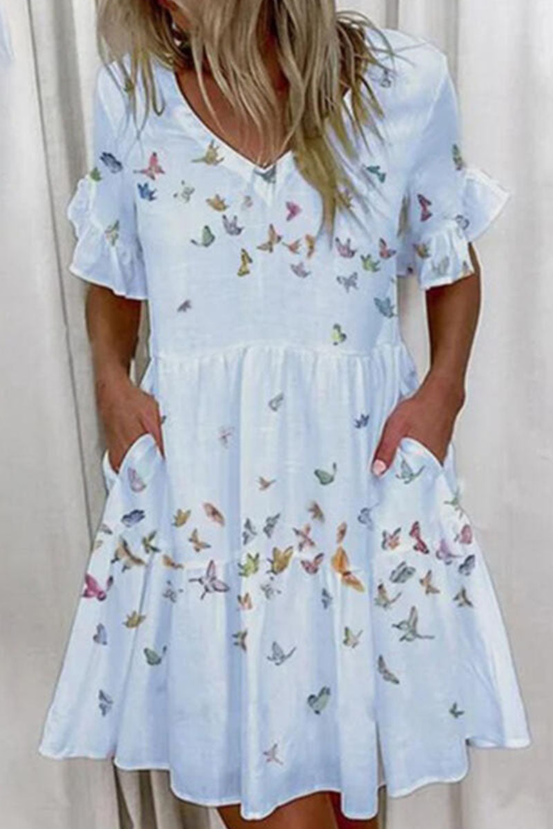 Casual en stijlvolle print V-hals A-lijn mini-jurken (7 kleuren)