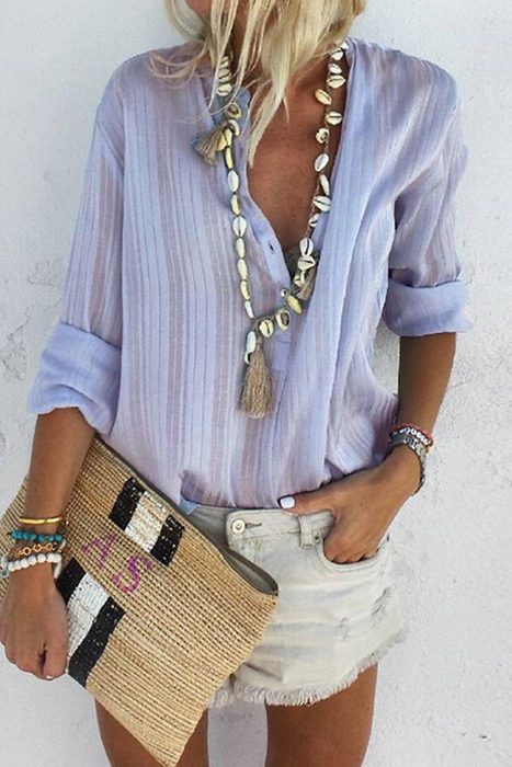 Striped Chic: V-Neck Tops with Button Accents for Street Fashion