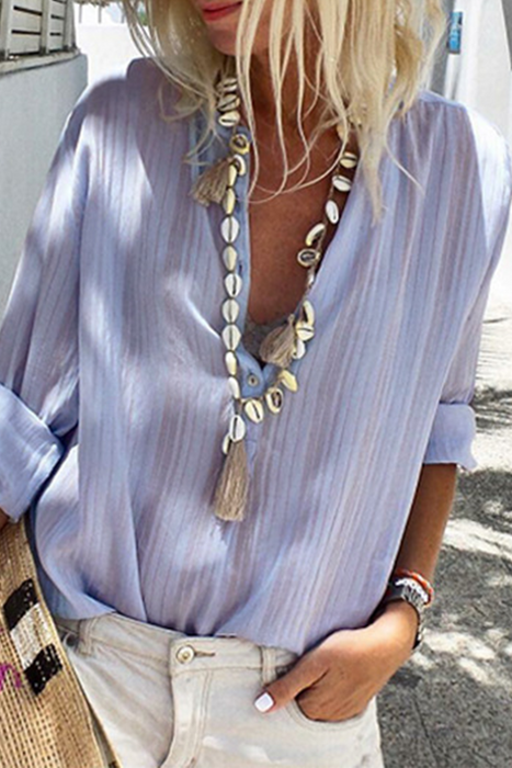 Striped Chic: V-Neck Tops with Button Accents for Street Fashion