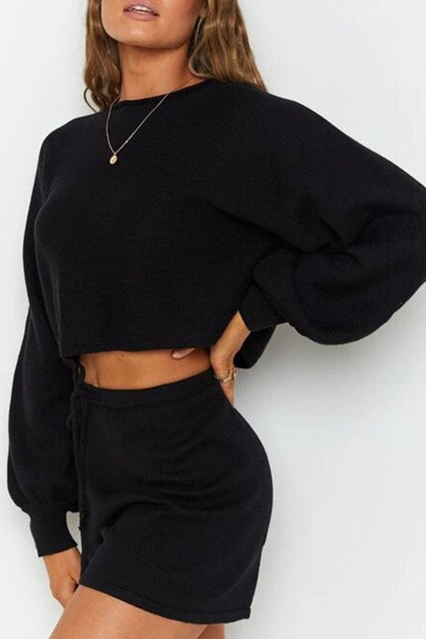 Fashion Casual & Stylish Classic Solid Split Joint O Neck Long Sleeve Two Pieces