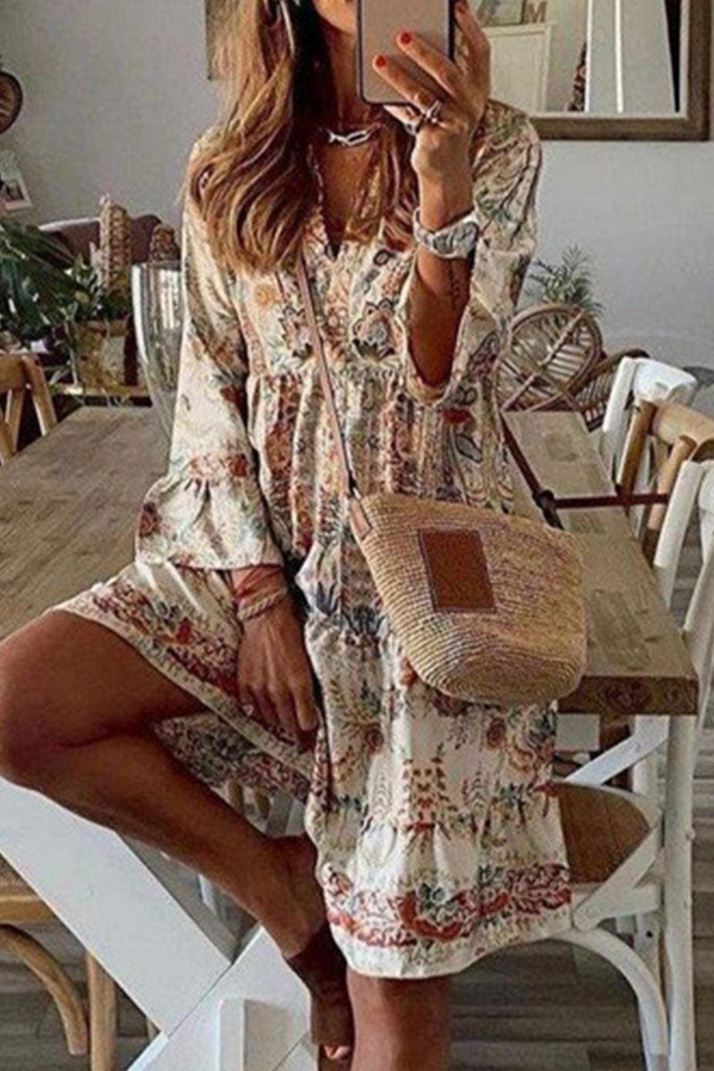 Fashion Street Print Patchwork V Neck Pleated Dresses Elegant For Special Occasions