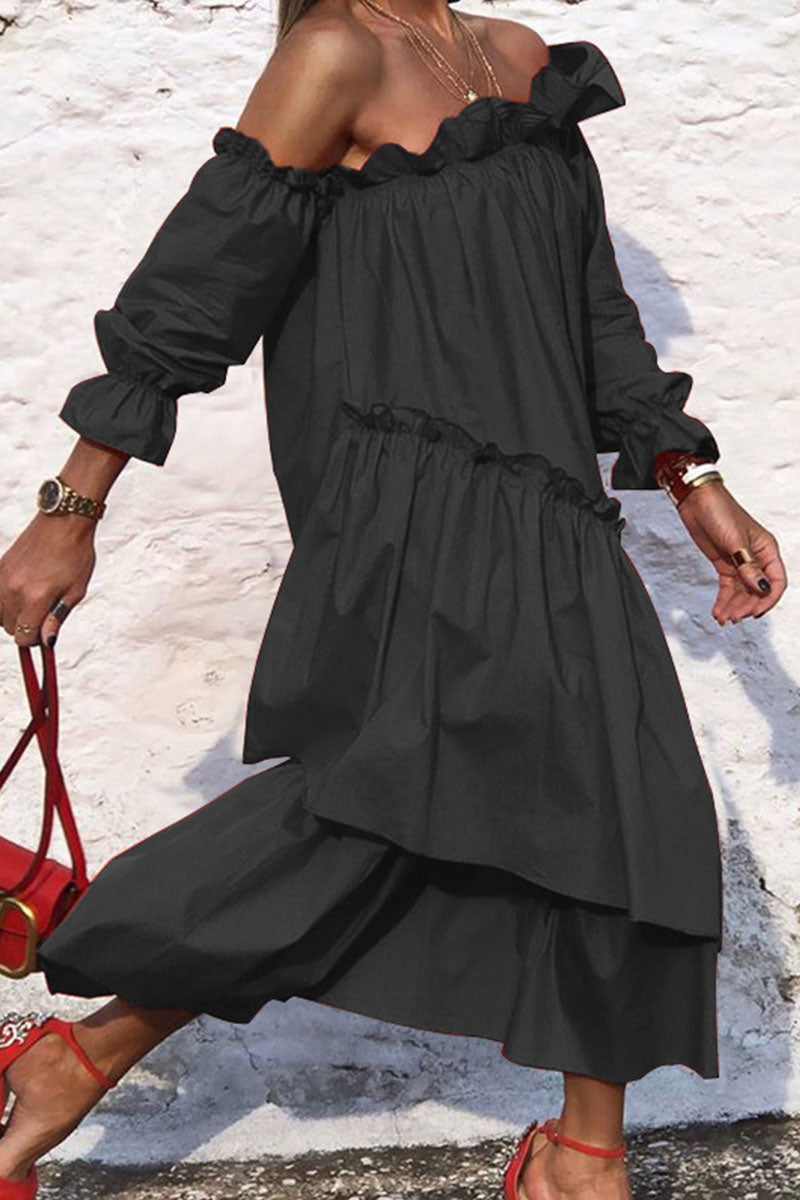Fashion Street Classic Solid Patchwork Off The Shoulder Irregular Dresses