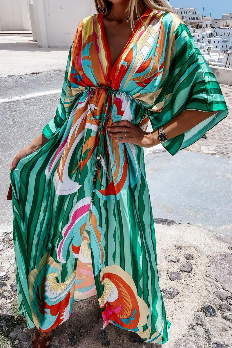 Fashion Elegant & Stylish Frenulum Slit V Neck Printed Dress Dresses(4 Colors)