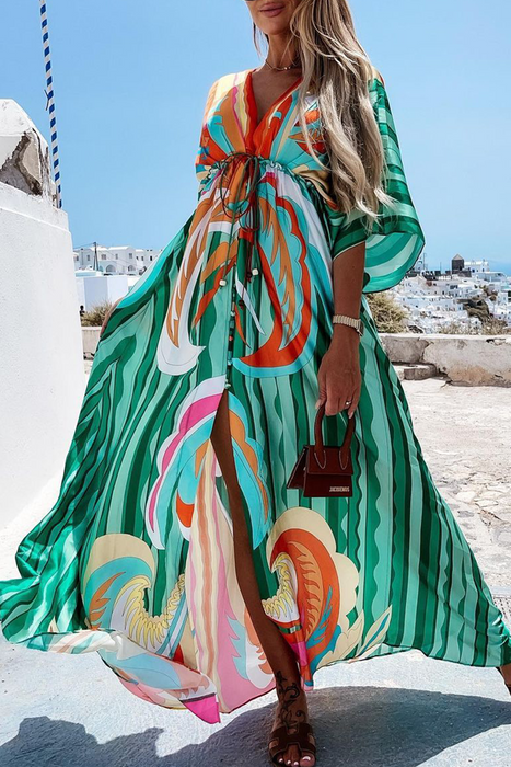 Fashion Elegant & Stylish Frenulum Slit V Neck Printed Dress Dresses(4 Colors)