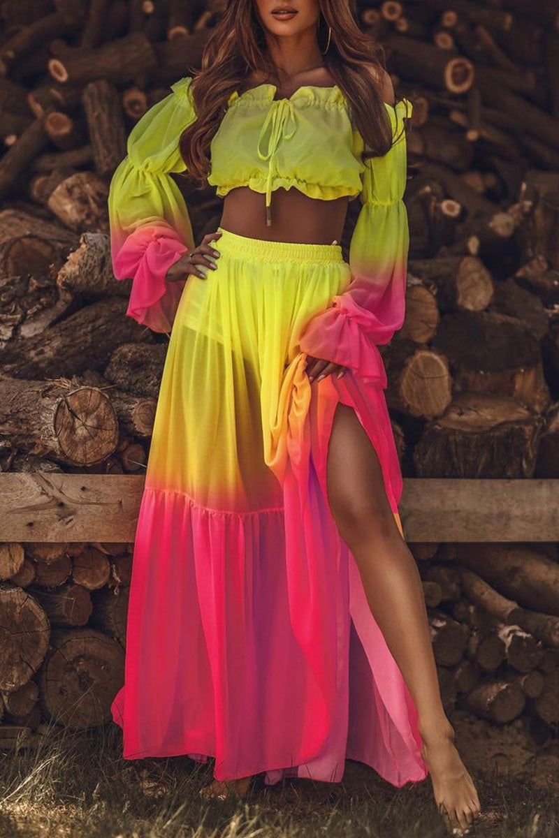 Fashion Casual & Stylish Print Split Joint Off The Shoulder Long Sleeve Two Pieces