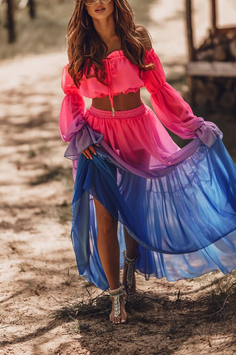 Fashion Casual & Stylish Print Split Joint Off The Shoulder Long Sleeve Two Pieces