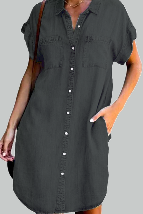 Fashion Street Classic Solid Pocket Buckle Shirt Collar A Line Dresses(3 Colors)