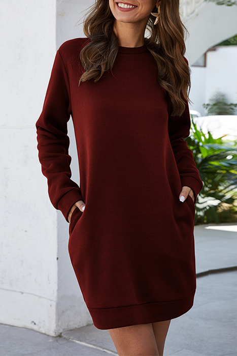 Casual & Stylish Classic Solid Pocket O Neck A Line Dresses(7 Colors)