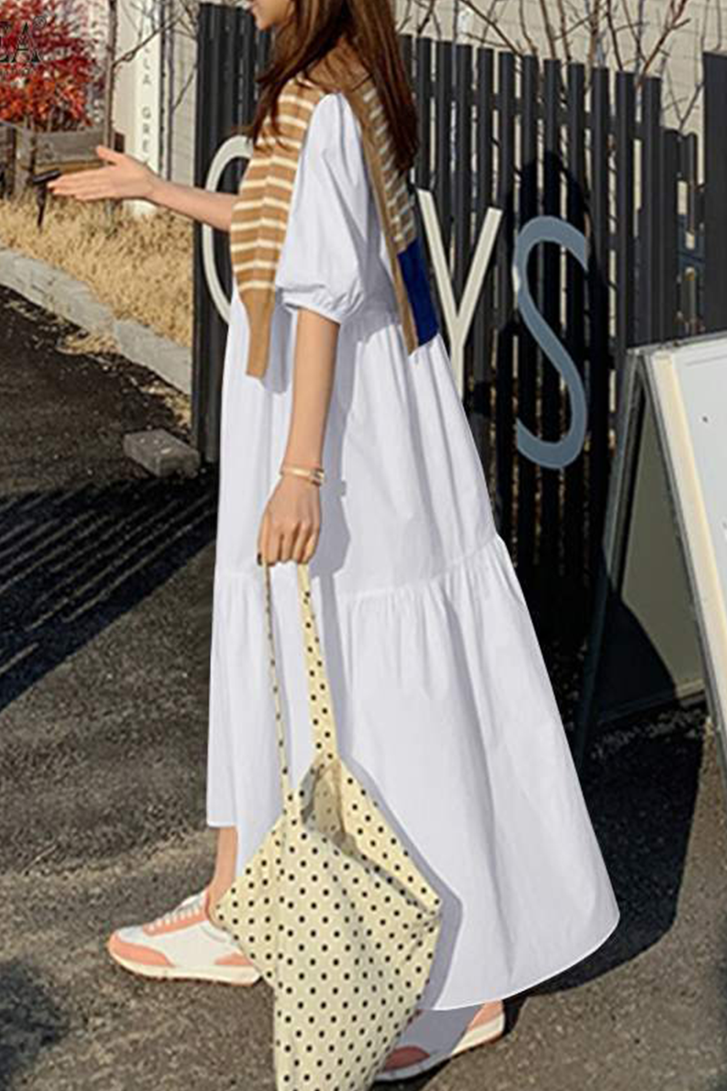 Casual & Stylish Classic Solid Patchwork Buttons O Neck Cake Skirt Dresses(3 Colors)