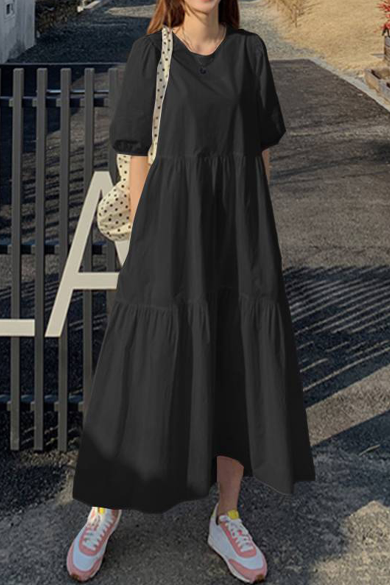 Casual & Stylish Classic Solid Patchwork Buttons O Neck Cake Skirt Dresses(3 Colors)