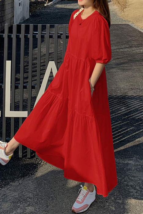 Vestidos de falda de pastel con cuello redondo, botones de retazos lisos, clásicos, informales y elegantes (3 colores)