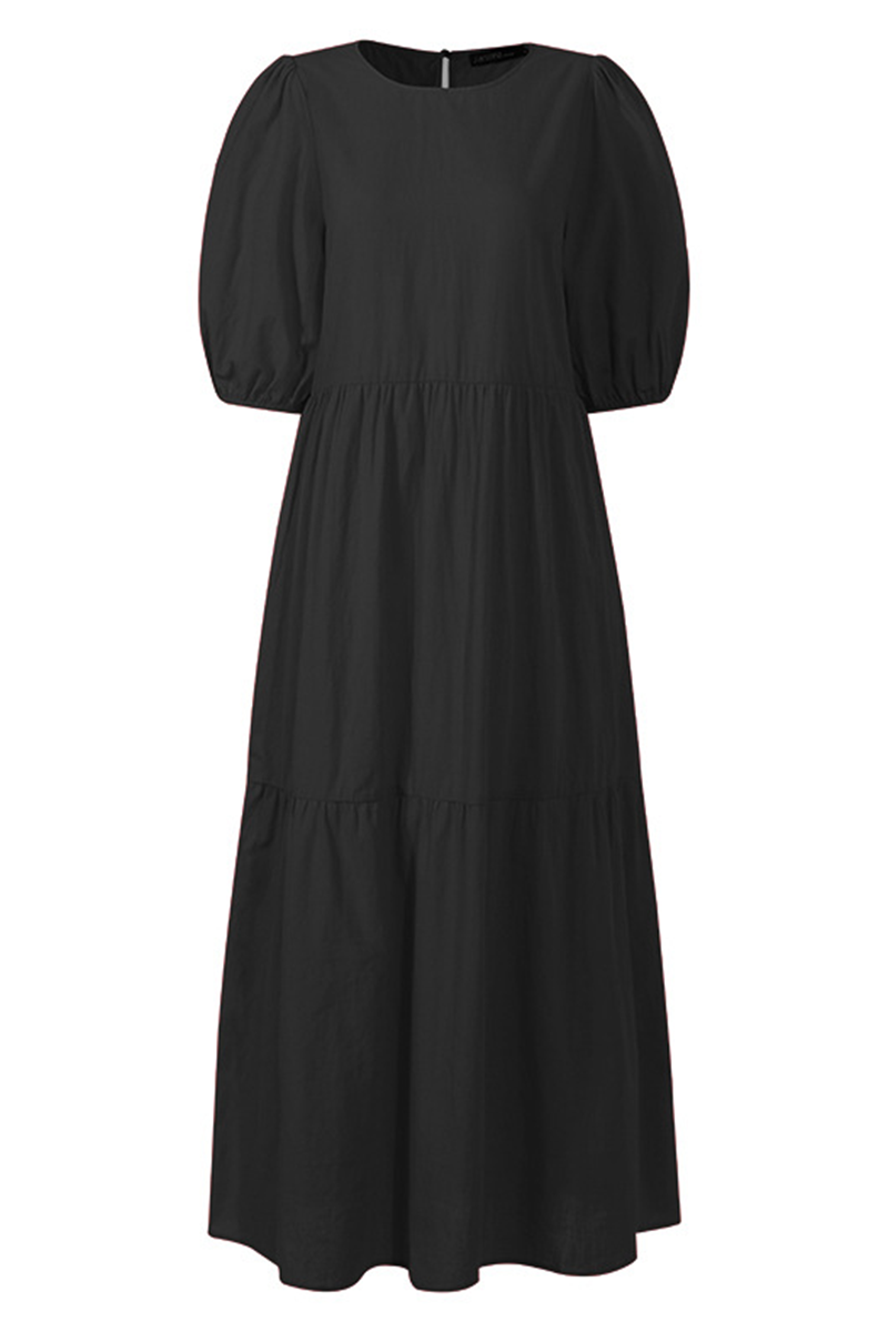 Casual & Stylish Classic Solid Patchwork Buttons O Neck Cake Skirt Dresses(3 Colors)