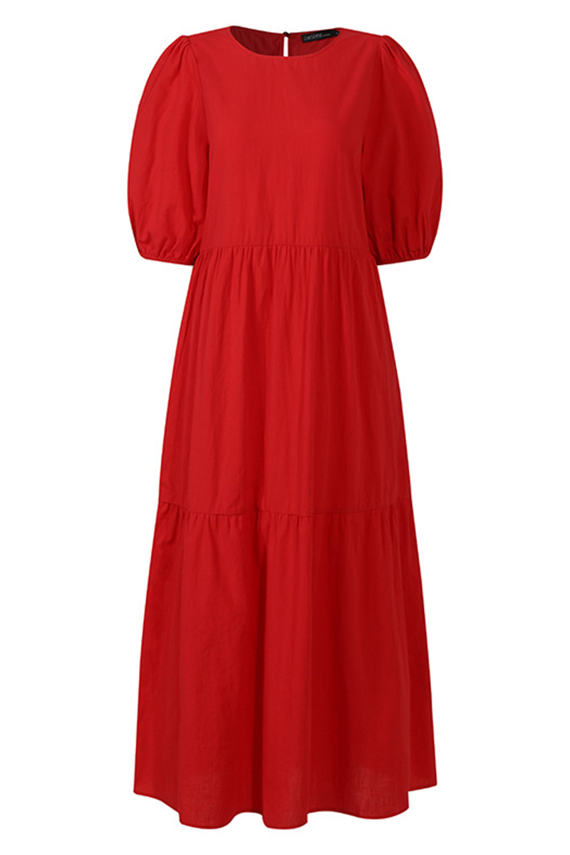 Casual & Stylish Classic Solid Patchwork Buttons O Neck Cake Skirt Dresses(3 Colors)