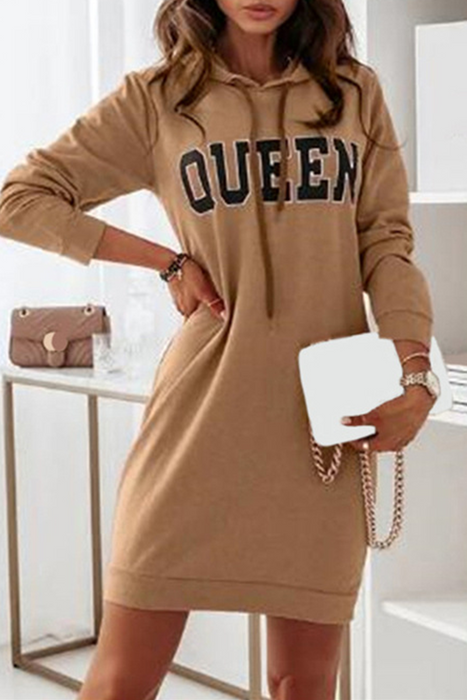 Casual & Stylish Letter Draw String Hooded Collar Dresses