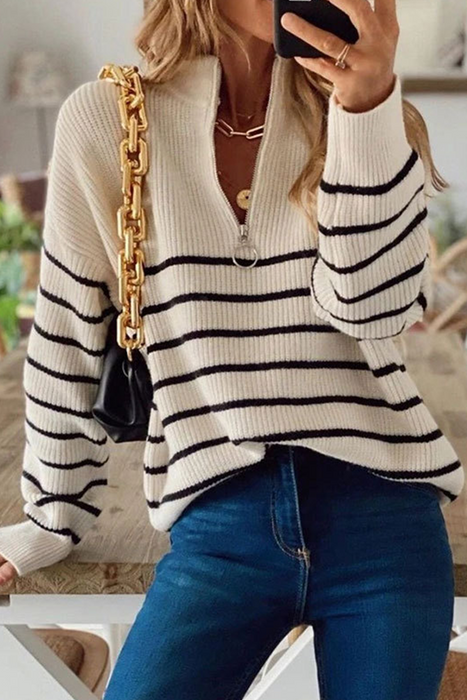 Striped Patchwork Zipper Collar Sweater Tops (Choose from 3 Colors)