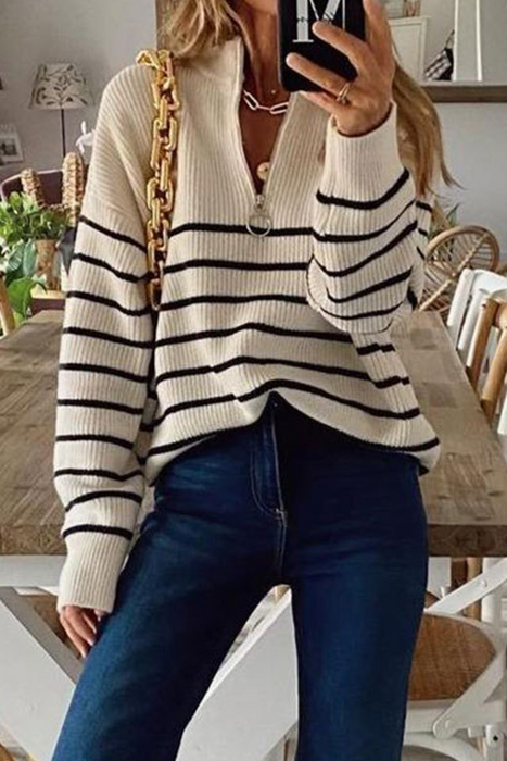 Striped Patchwork Zipper Collar Sweater Tops (Choose from 3 Colors)