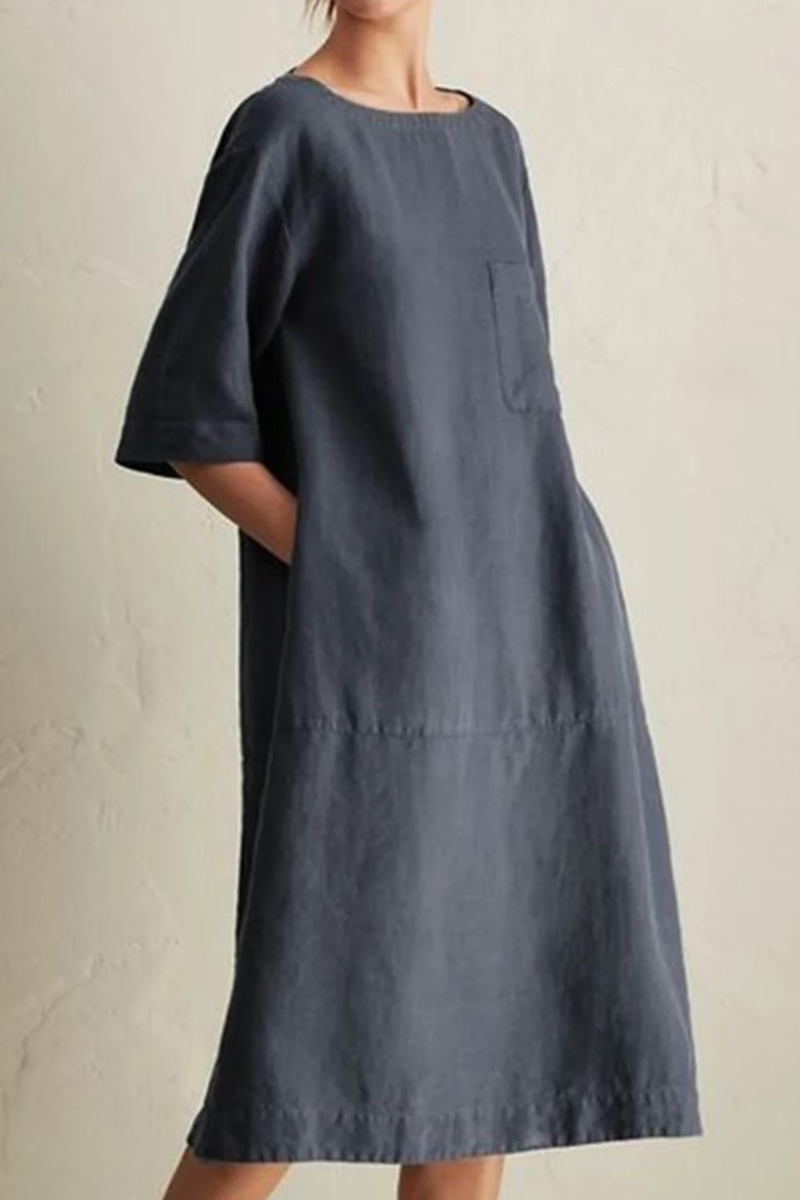 Casual & Stylish Classic Solid Patchwork Pocket O Neck A Line Dresses(6 Colors)