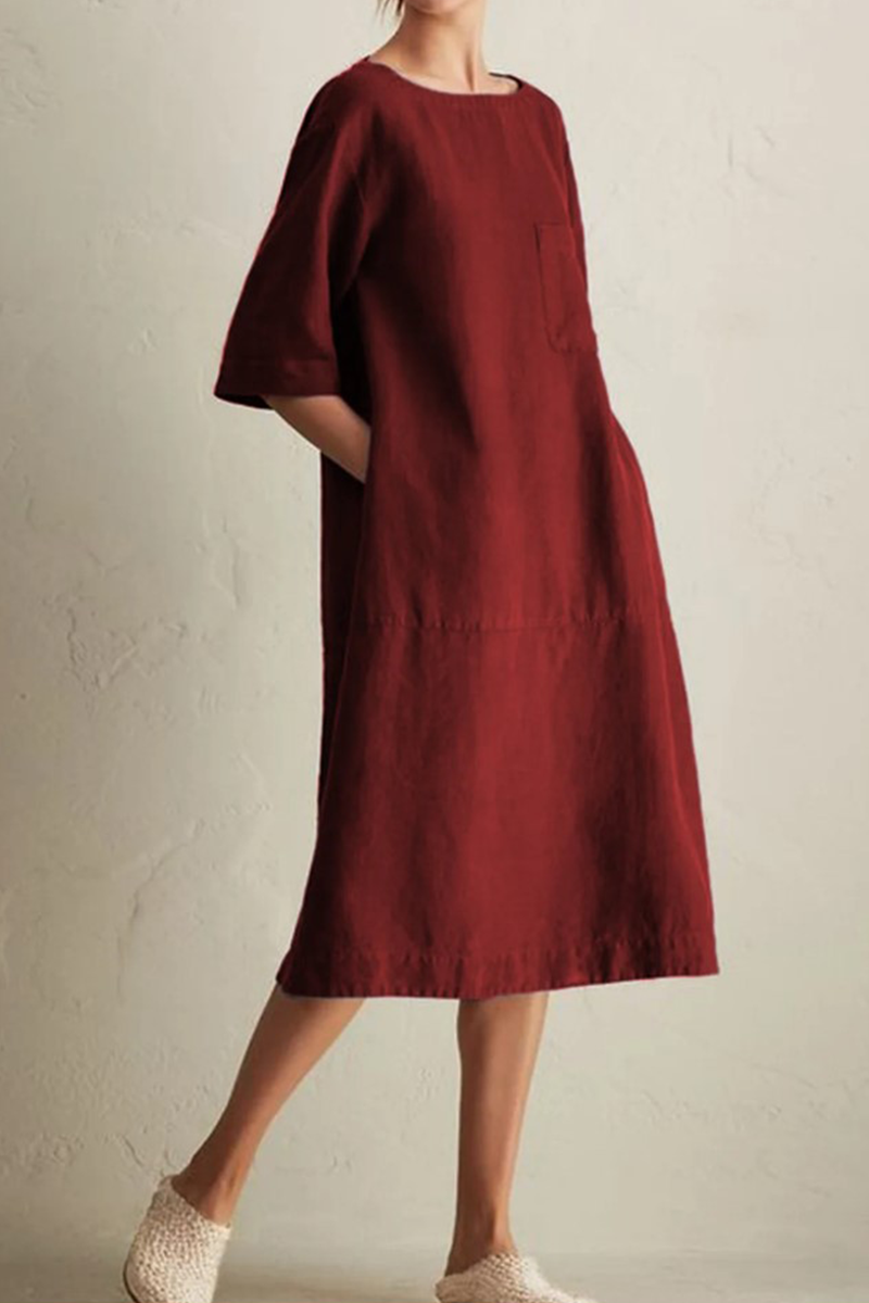 Casual & Stylish Classic Solid Patchwork Pocket O Neck A Line Dresses(6 Colors)