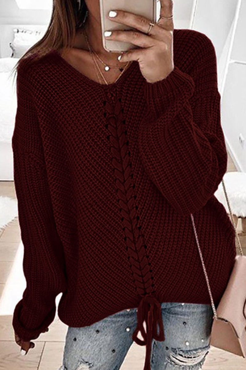 Casual & Stylish Classic Solid Cross Straps V Neck Tops Sweater(7 Colors)