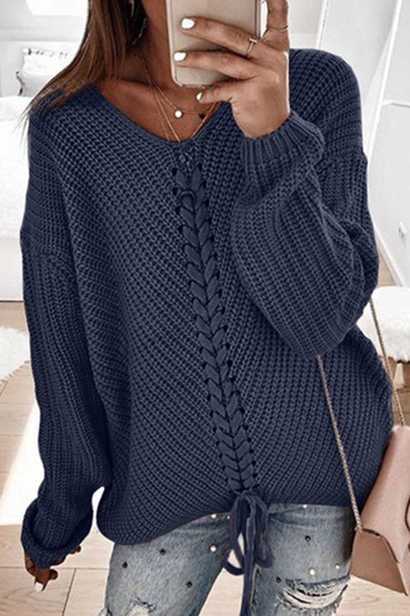 Casual & Stylish Classic Solid Cross Straps V Neck Tops Sweater(7 Colors)