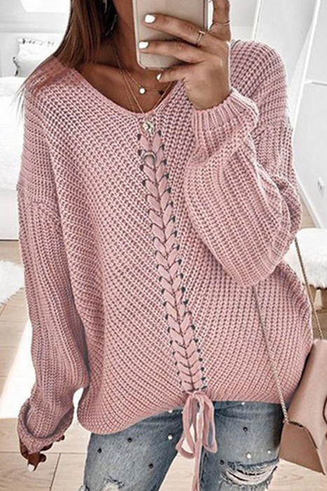 Casual & Stylish Classic Solid Cross Straps V Neck Tops Sweater(7 Colors)