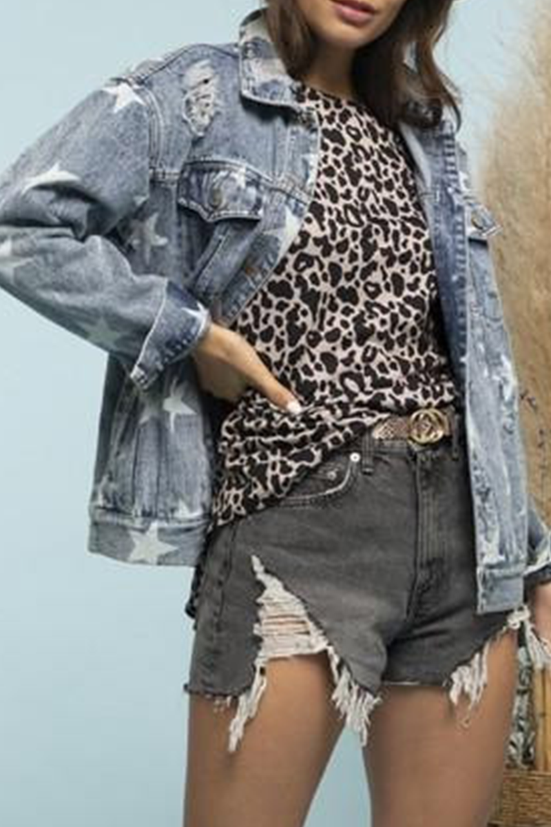 Street-Styled Ripped Denim Jacket with Stars and Buckle Collar