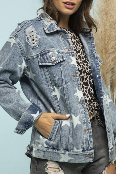 Street-Styled Ripped Denim Jacket with Stars and Buckle Collar