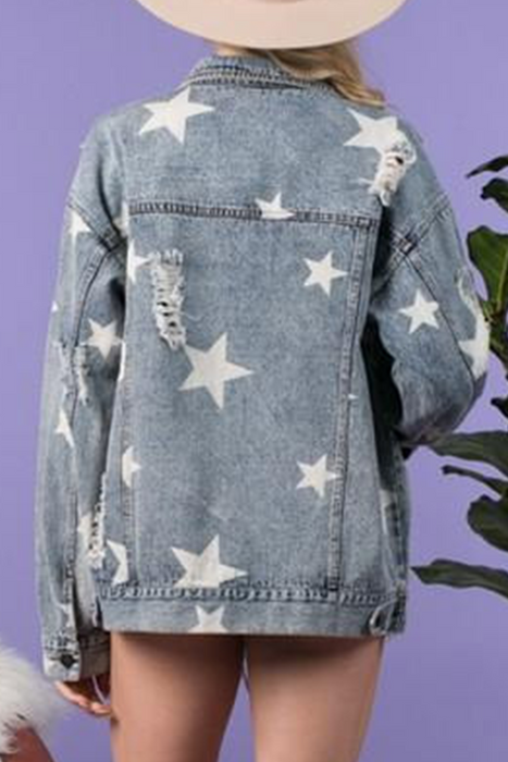 Street-Styled Ripped Denim Jacket with Stars and Buckle Collar