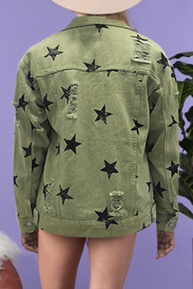 Street-Styled Ripped Denim Jacket with Stars and Buckle Collar