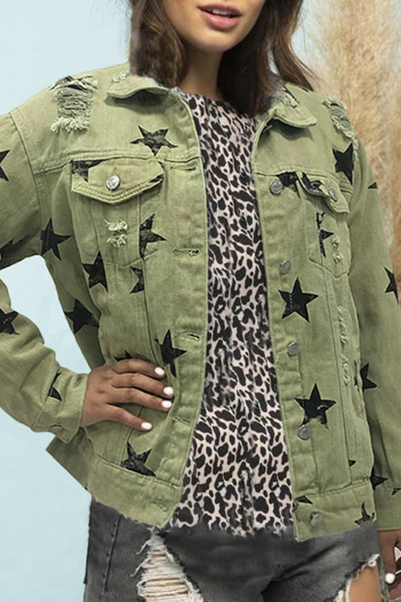 Street-Styled Ripped Denim Jacket with Stars and Buckle Collar