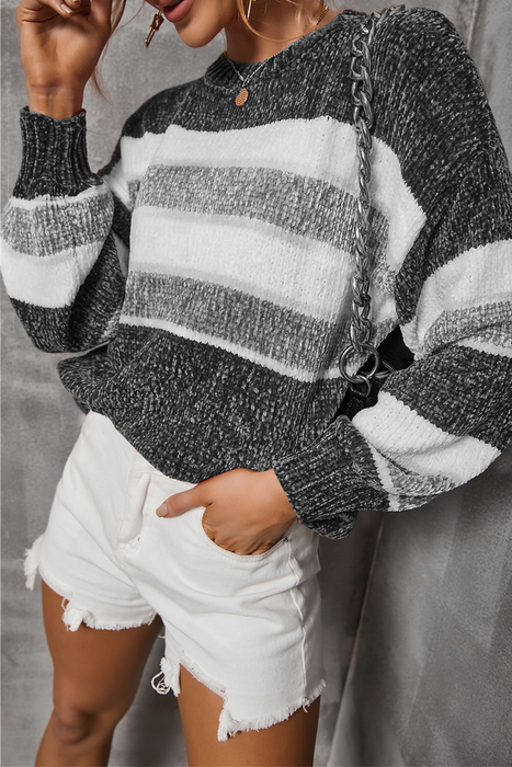 Street Color Lump Contrast O Neck Tops Sweater