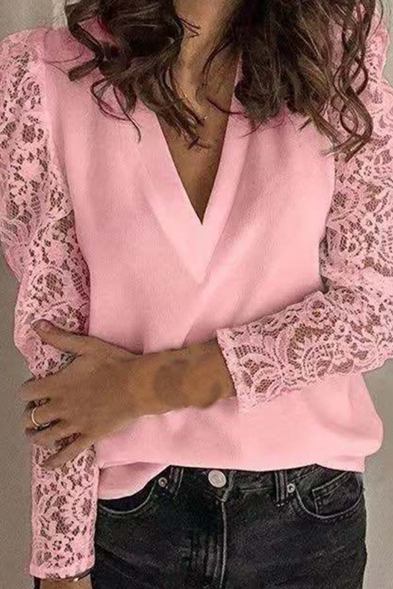 Elegant & Stylish Classic Solid Lace Hollowed Out V Neck Tops(9 Colors)