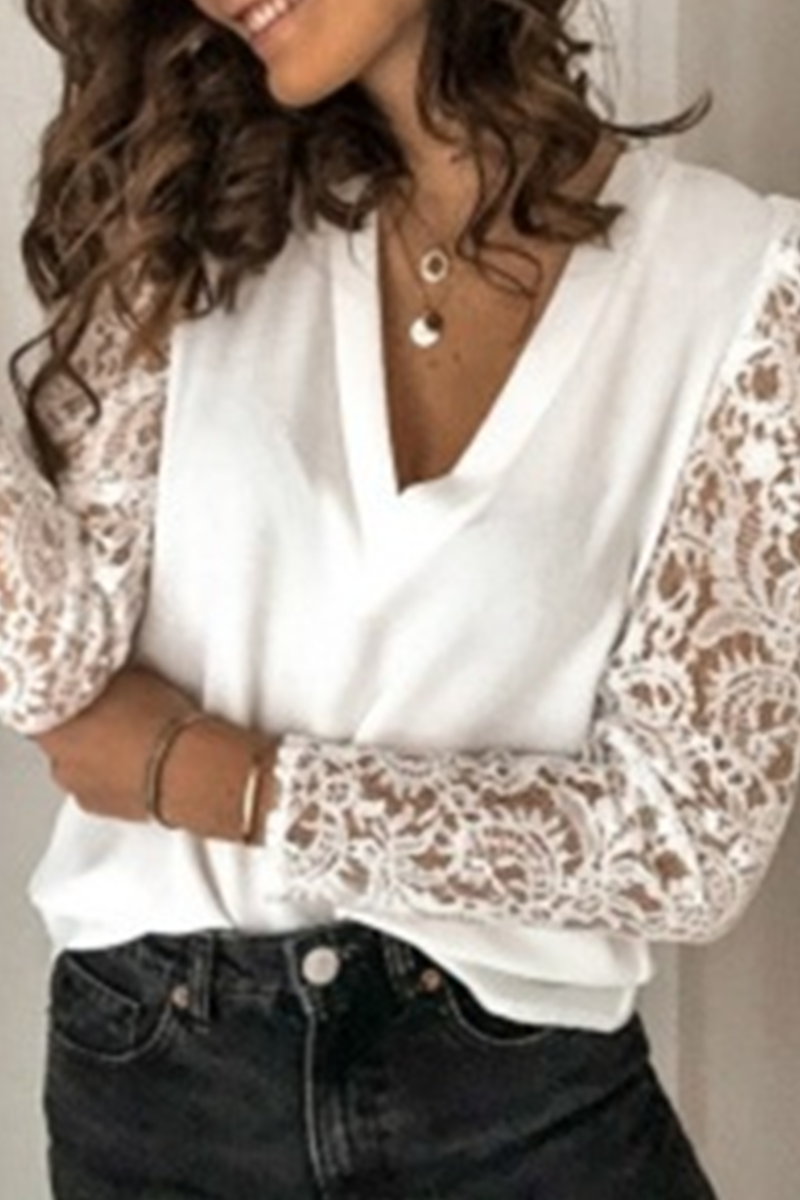 Elegant & Stylish Classic Solid Lace Hollowed Out V Neck Tops(9 Colors)