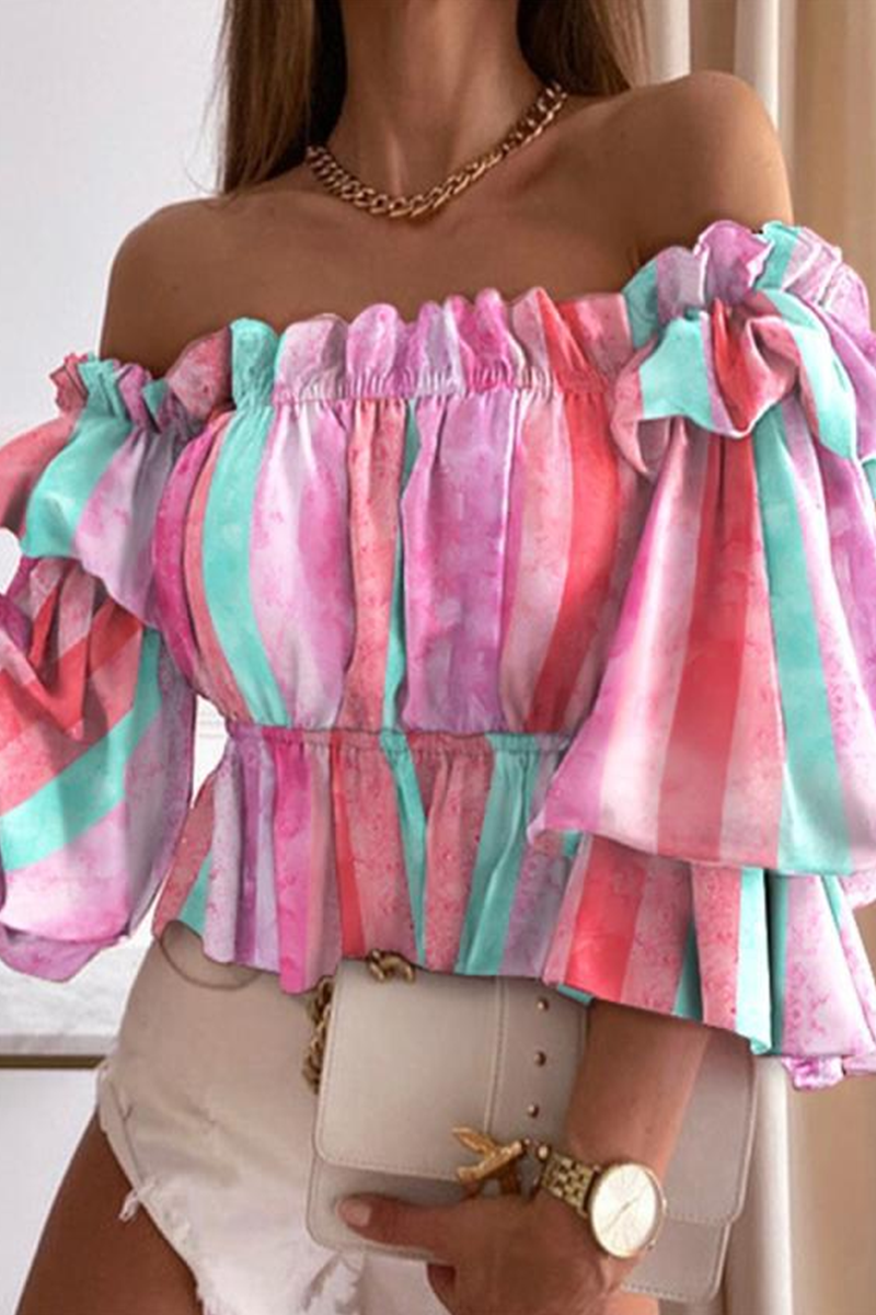 Elegant & Stylish Print Flounce Off The Shoulder Tops(10 Colors)
