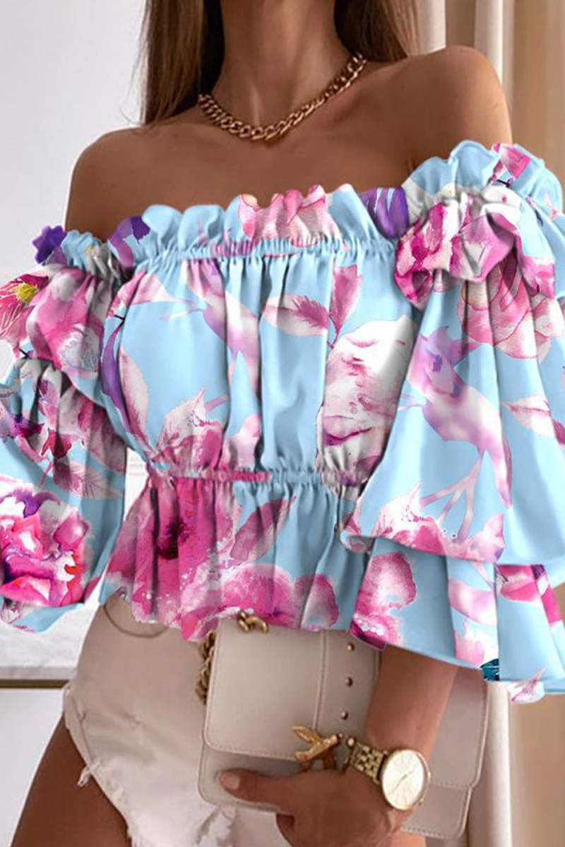 Elegant & Stylish Print Flounce Off The Shoulder Tops(10 Colors)